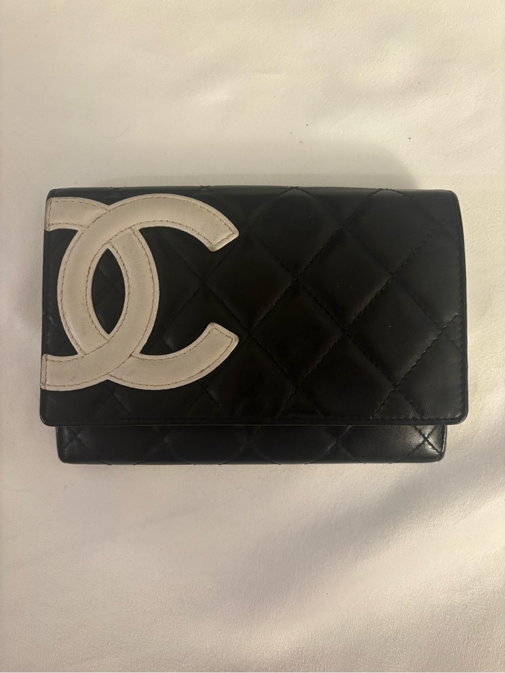 CHANEL Black Vintage Cambon Quilted Leather Wallet White CC and Pink Interior